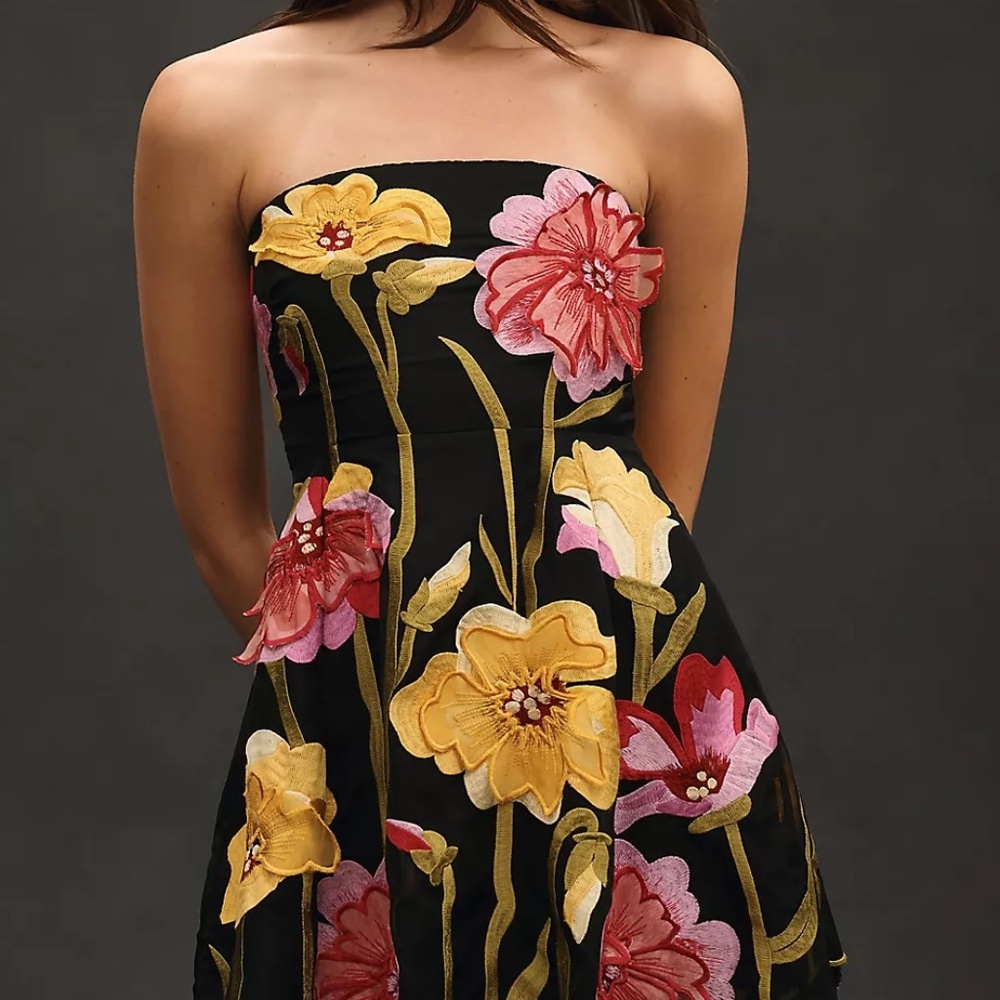 NWT By Anthropologie Strapless Floral Organza Mini Dress